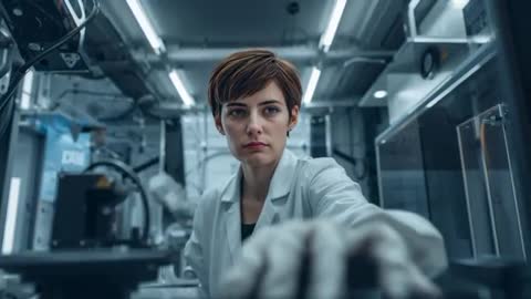 Female Researcher Controlling Robotic Arm in High-Tech Lab for AI and Automation Research