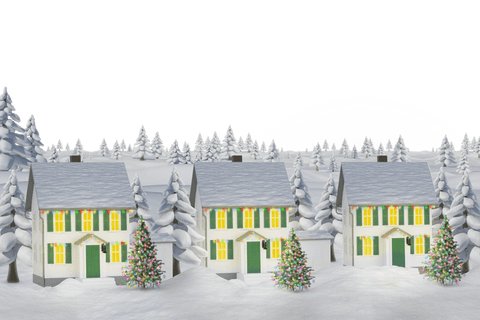 Digital Cottages with Christmas Lights in Snow on Transparent Background