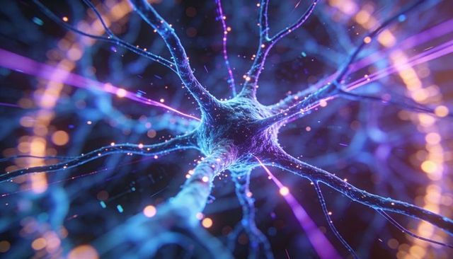 Bioluminescent neuron glowing and transmitting signals along dendrites, axon in 3D neural network
