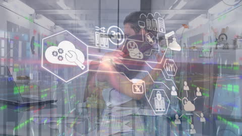 Diverse Team in Server Room with Digital Interface Graphics