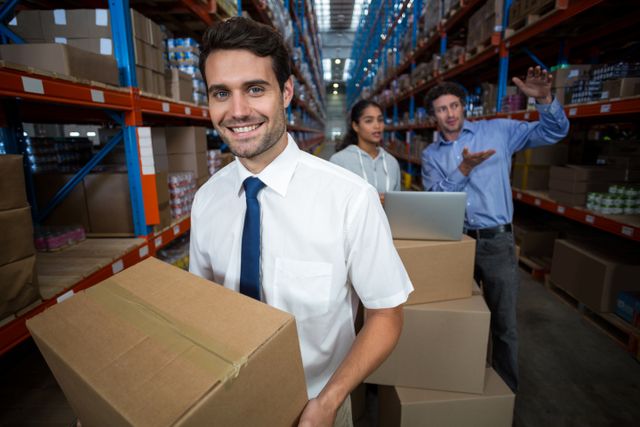 Warehouse manager carrying a box and his colleagues discussing in the warehouse