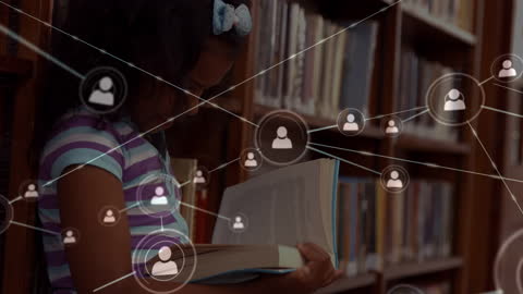 Schoolgirl Reading in Library with Digital Network Overlay