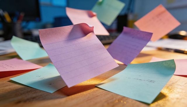 Floating pastel sticky notes hovering above wooden desk scattered with lined reminders