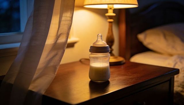 Warm bedside baby bottle on nightstand at dusk with glowing lamp and calm bedtime mood