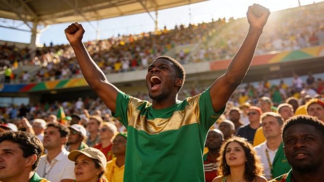 Cheering sports fan raising arms in packed stadium crowd celebrating victory