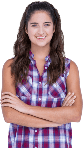 Confident Young Woman in Transparent Plaid Shirt Smiling