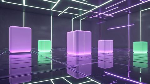 Futuristic neon cubes in high-tech reflective space