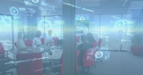 Futuristic Business Meeting with Augmented Reality Data Overlays in Glass Boardroom