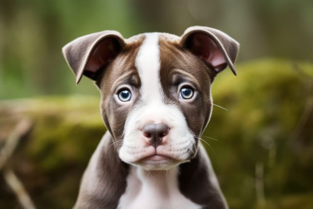 Adorable blue-eyed puppy sits outdoors with a curious expression. Ideal for pet-related promotions, adoption campaigns, or nature-themed posts about animals.