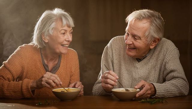 Senior couple sharing cozy homemade soup while laughing together at wooden table