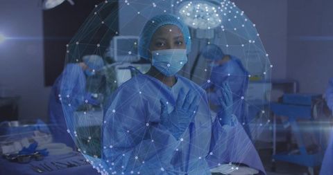Lead surgeon preparing and adjusting gloves in operating room with digital network overlay