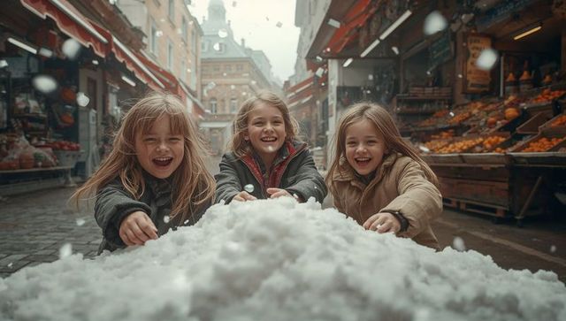 Joyful Kids Playing in Snow at Market