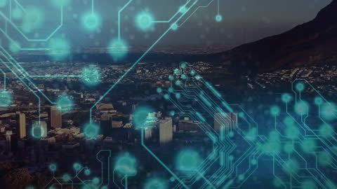 Digital Circuitry Over Cityscape with Global Connectivity Theme