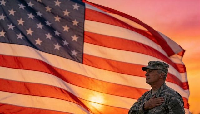 Standing soldier holding hand over heart saluting american flag at sunset patriotism