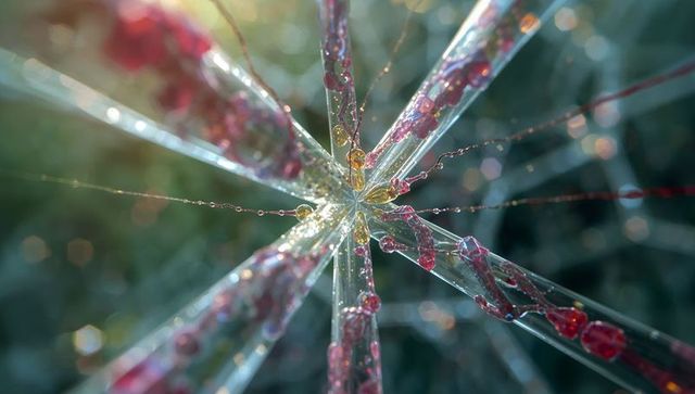 Radial translucent filaments converging at central hub with pink dew beads and bokeh