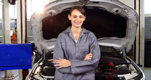 Woman standing in front of open car hood, wearing grey mechanic uniform, holding wrench. She is smiling confidently, suggesting a professional and approachable auto repair service. The image can be used for promotions related to automotive services, gender equality in the workplace, and advertisements for car repair shops.