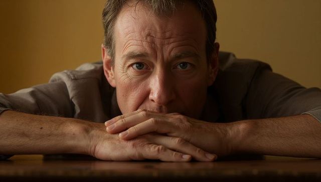 Leaning middle-aged man resting chin on folded hands, gazing introspective headshot