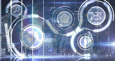 Futuristic Technology Interface with Data Overlays and Globe Icons
