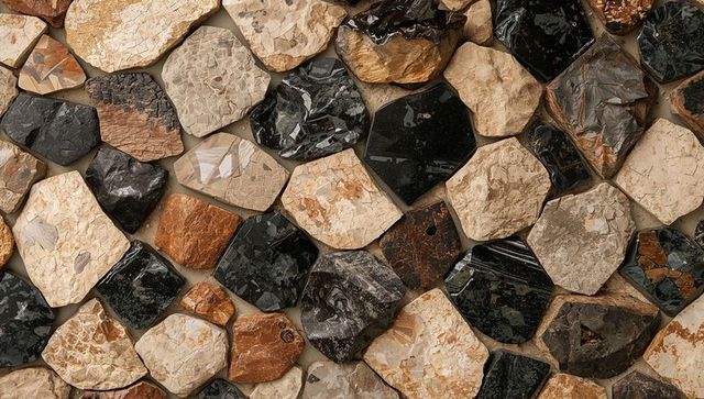 Polished irregular stone mosaic wall cladding featuring tessellated earthy marble tiles