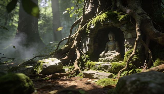 Moss-covered buddha nestling in ancient tree roots, sunlit misty forest shrine for zen