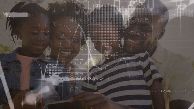 Video of a cheerful African American family looking at a smartphone, with a digital graphical overlay indicating data visualization. This video can be used to illustrate themes of technology use within families, data analysis in everyday life, or the integration of modern technology with family activities. Suitable for advertisements, tech blogs, family lifestyle articles, and promotional materials for technological gadgets.