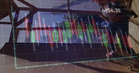 Skateboarder riding wooden ramp with candlestick trading overlay and 3d grid