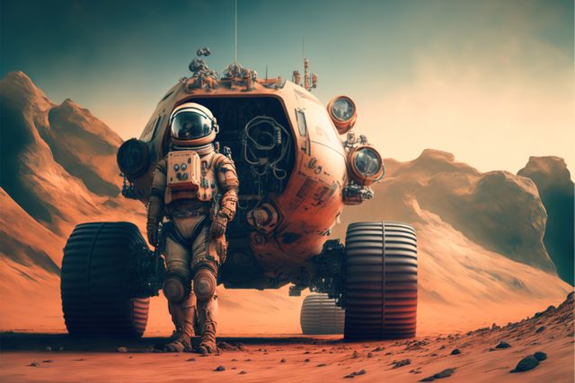 Astronaut with space vehicle exploring mars with mountains, created using generative ai technology. Space, planets and astronaut concept, digitally generated image.