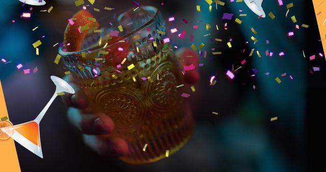 Image of confetti and drink icons over hand holding drink. celebration and digital interface concept digitally generated image.