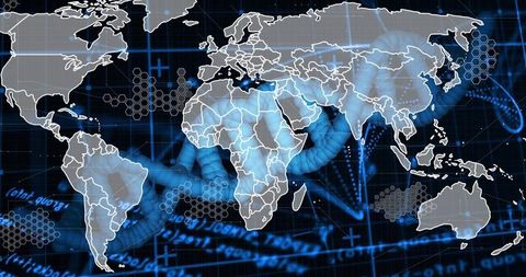 global map and dna helix fusion in digital interface - Download Free Stock Images Pikwizard.com