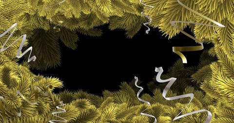 Festive Golden Fir Branches and Streamers with Black Copy Space