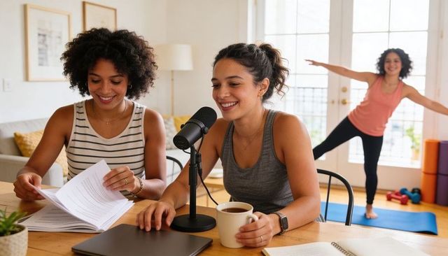 Smiling hosts recording home wellness podcast while cohost practicing yoga in sunlit room