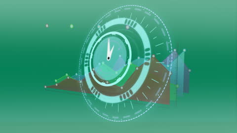 Futuristic Clock with Neon Holographic Data Charts