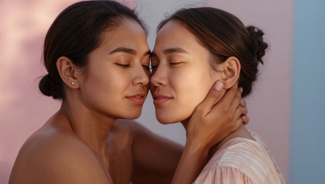 Two women sharing tender close embrace portrait conveying intimacy and gentle connection