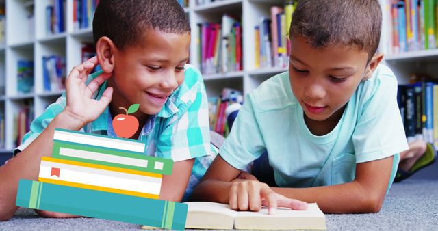 Two Young Boys Reading Book on Floor in Library - Download Free Stock Images Pikwizard.com