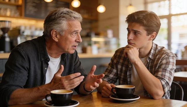 Father and son having heartfelt conversation over coffee in cozy cafe mentoring moment