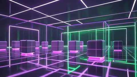 Futuristic Neon Grid Chamber with Geometric Cubes
