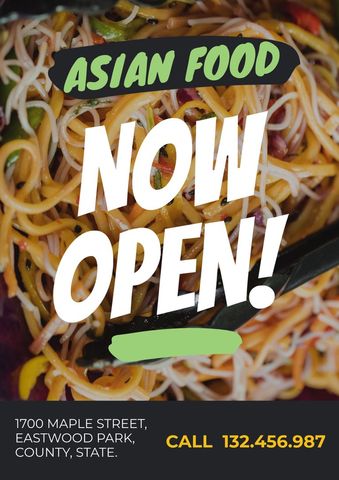 Vibrant asian restaurant promotion with noodle close-up