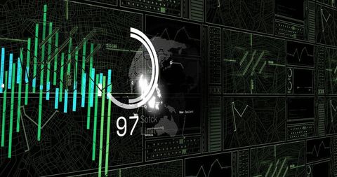 Neon Financial Dashboard Displaying Real-Time Trading Analytics with Globe Gauge & Bar Charts