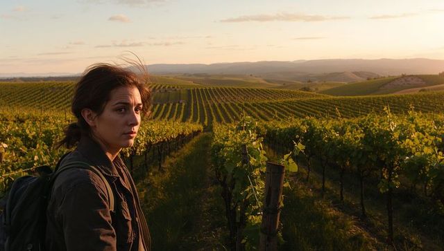 Young woman standing in vineyard at golden hour with backpack and contemplative gaze at sunset