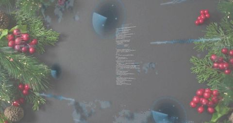 Festive Tech Flatlay Showing Holographic Blue Data Overlays Framed by Pine and Berries