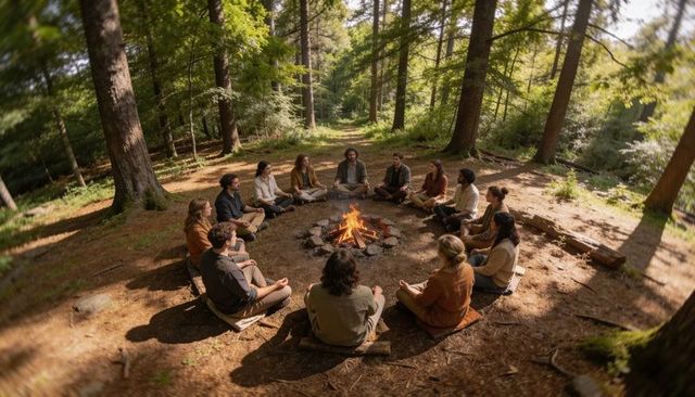 Adults gathering in circle sitting around campfire, warming hands in sunlit pine forest