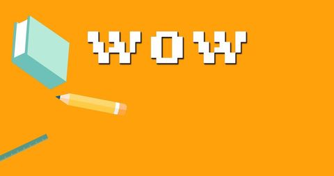 Digital education concept with wow text and tools on orange background