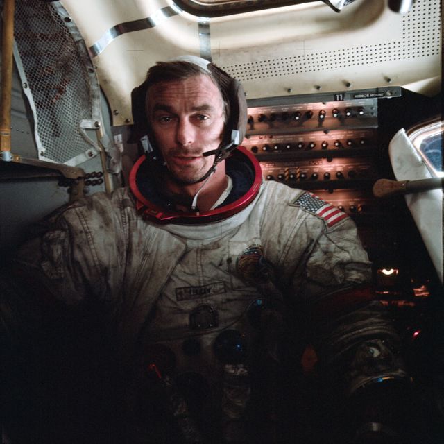 AS17-145-22224 (12 Dec. 1972) --- Astronaut Eugene A. Cernan, Apollo 17 commander, is photographed inside the lunar module on the lunar surface following the second extravehicular activity (EVA) of his mission. Note lunar dust on his suit. The photograph was taken by astronaut Harrison H. Schmitt, lunar module pilot, using a 70mm handheld Hasselblad camera and S0-368 film.