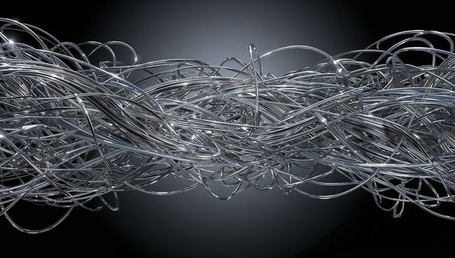 Complex pattern of interwoven silver metal wires with futuristic design