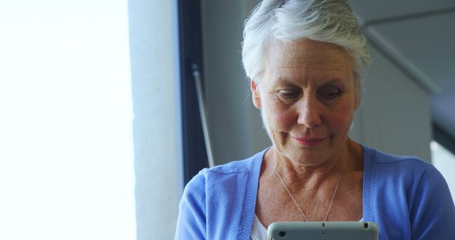 Senior Woman Using Tablet by Window in Sunlit Room - Download Free Stock Images Pikwizard.com