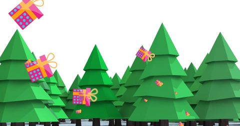 Colorful Presents Falling Over Cartoon Evergreen Forest