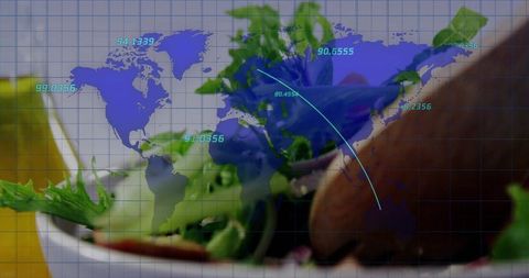 Blending global food data with fresh salad and digital map overlay