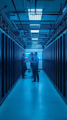 Vertical video: IT team walking data center aisle inspecting server racks and collaborating on infra