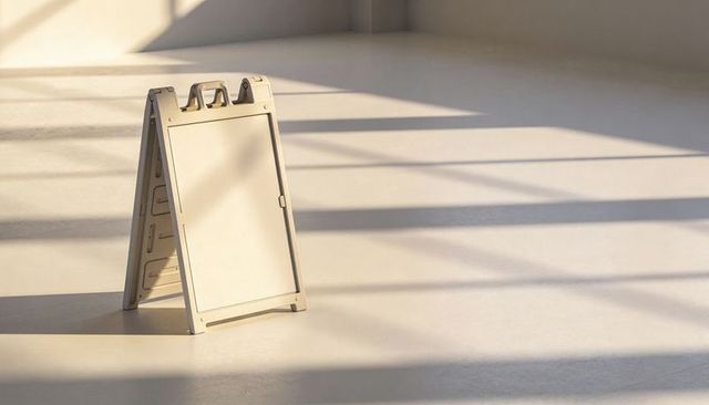 Sunlit a-frame sandwich sign standing on minimal pale floor with blank display panel