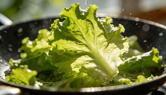 Rinsing fresh lettuce leaf shining with water droplets in backlit skillet